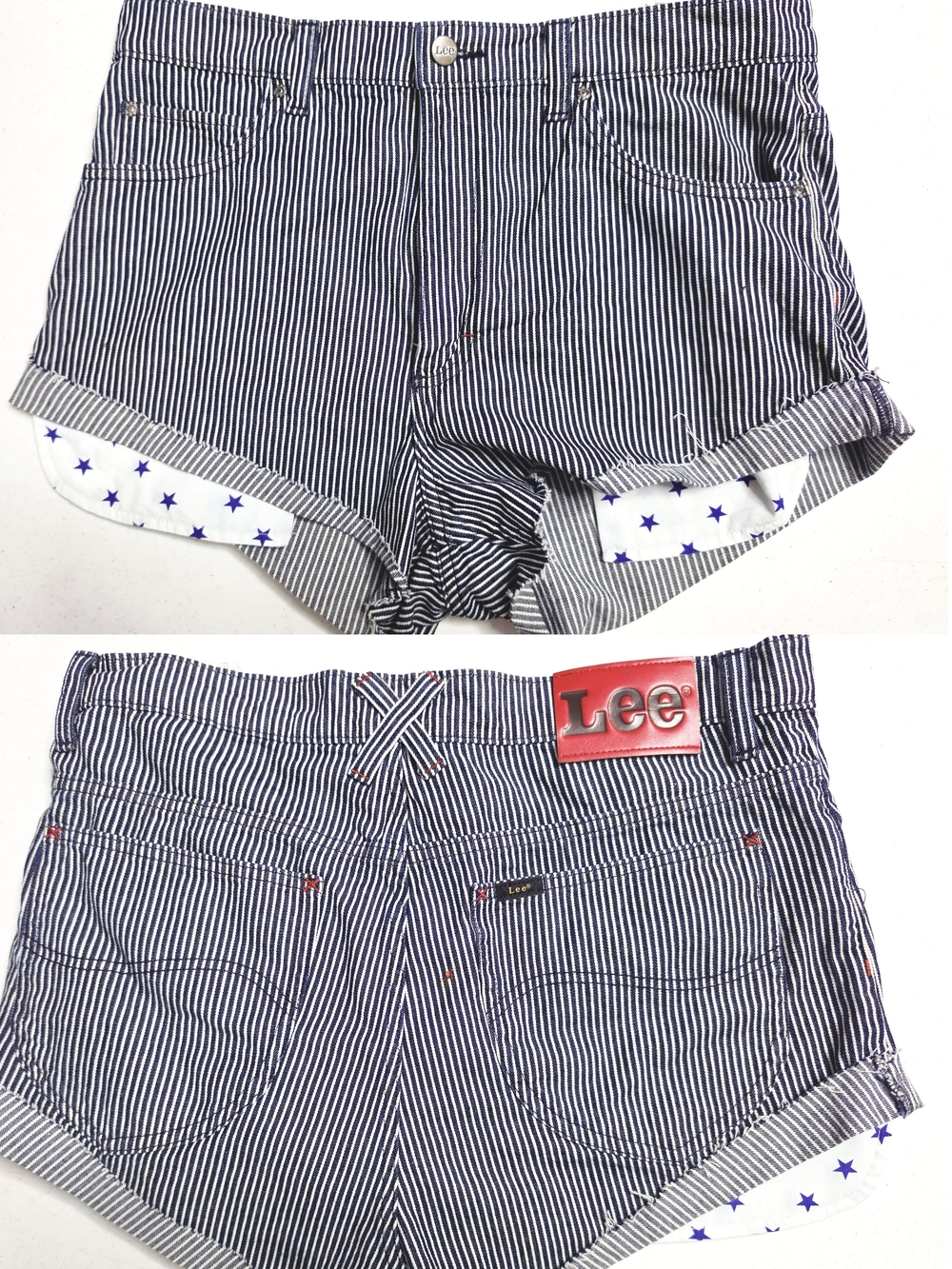 Lee Navy and White Pinstripe Jean Shorts with Star-Trim Cuffs